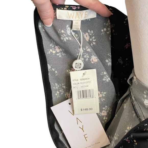 WAYF Black Ditsy Floral Dress Satin Tie Bare Midriff Cutout Puff Sleeve NWT Med - Picture 5 of 5